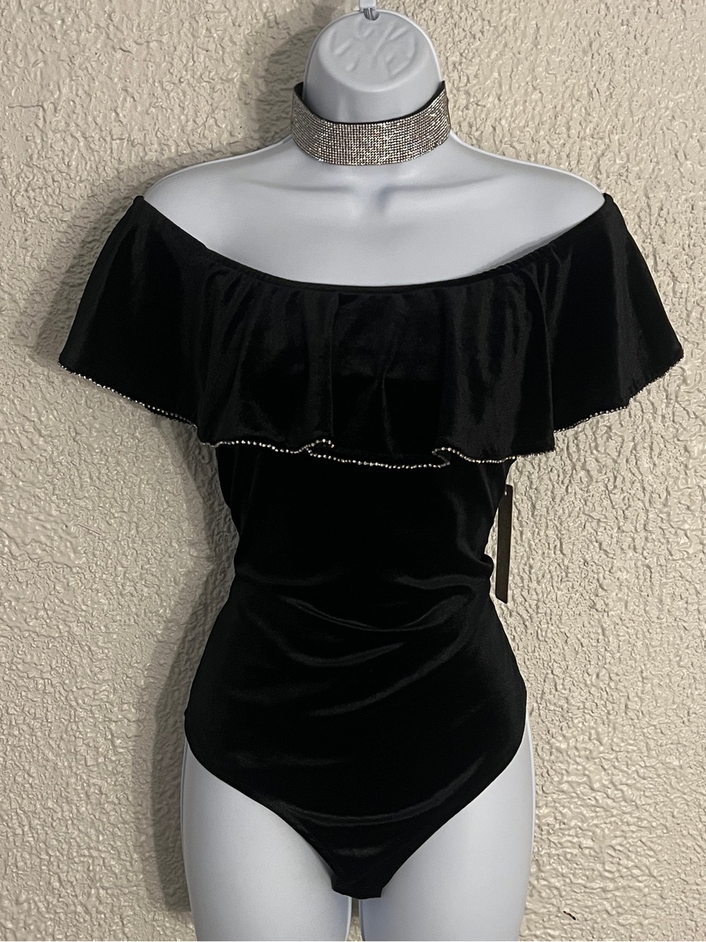 iris Black Off-Shoulder Velvet Bodysuit with Crystal Trim